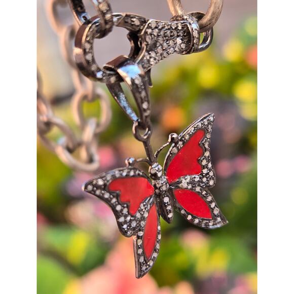 Sterling Silver Link Necklace w/Pave Diamond Clasp Red Enamel Butterfly Pendant - Picture 2 of 9